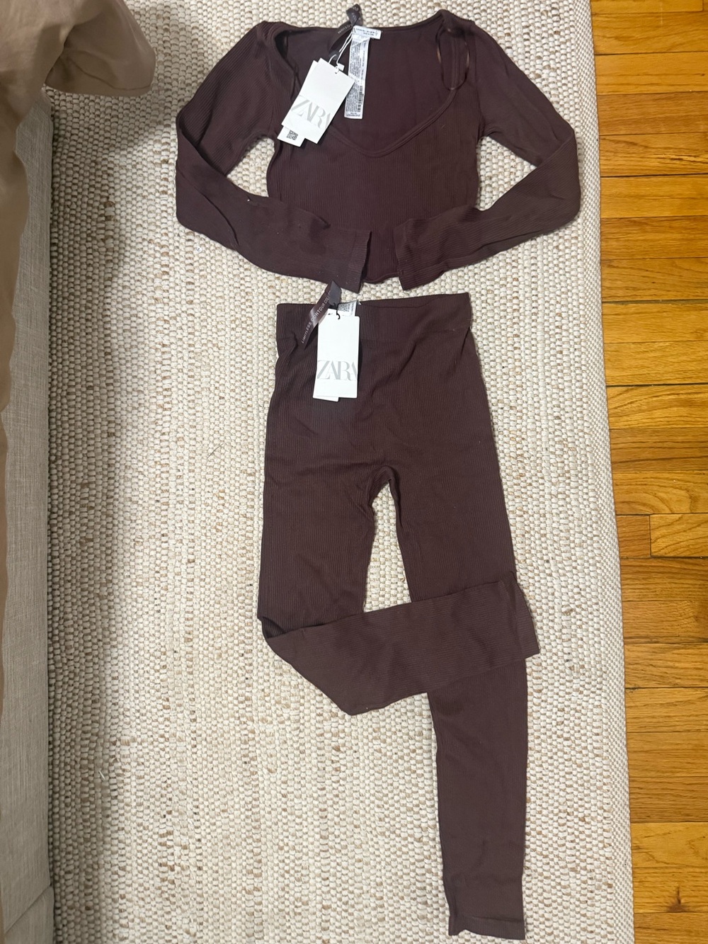 Zara Brown Ribbed Long-Sleeve Top & Leggings Set